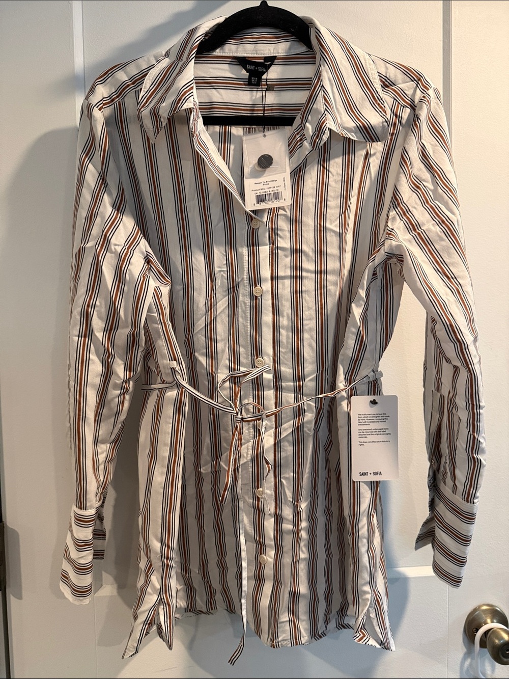 NWT Saint + Sofia Striped White Button-Down Tunic with Brown & Black Stripes